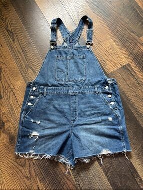 GAP Denim For All Blue Short Overalls Shortalls w Distressing Raw Hem Women’s XL